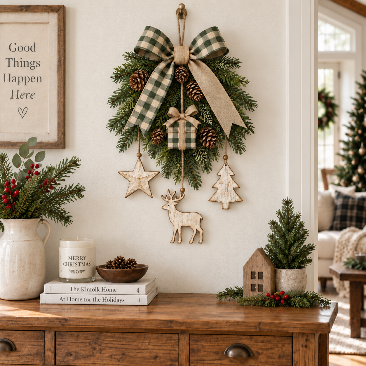 Lighted Rustic Christmas Swag Wall Hanging with Remote Control