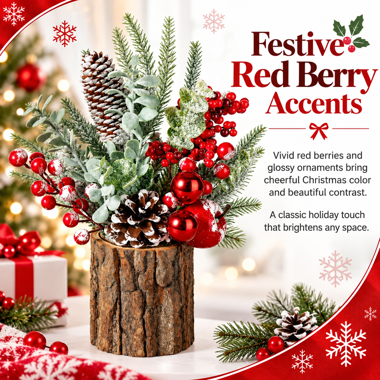 Rustic Christmas Tabletop Arrangement with Red Berries