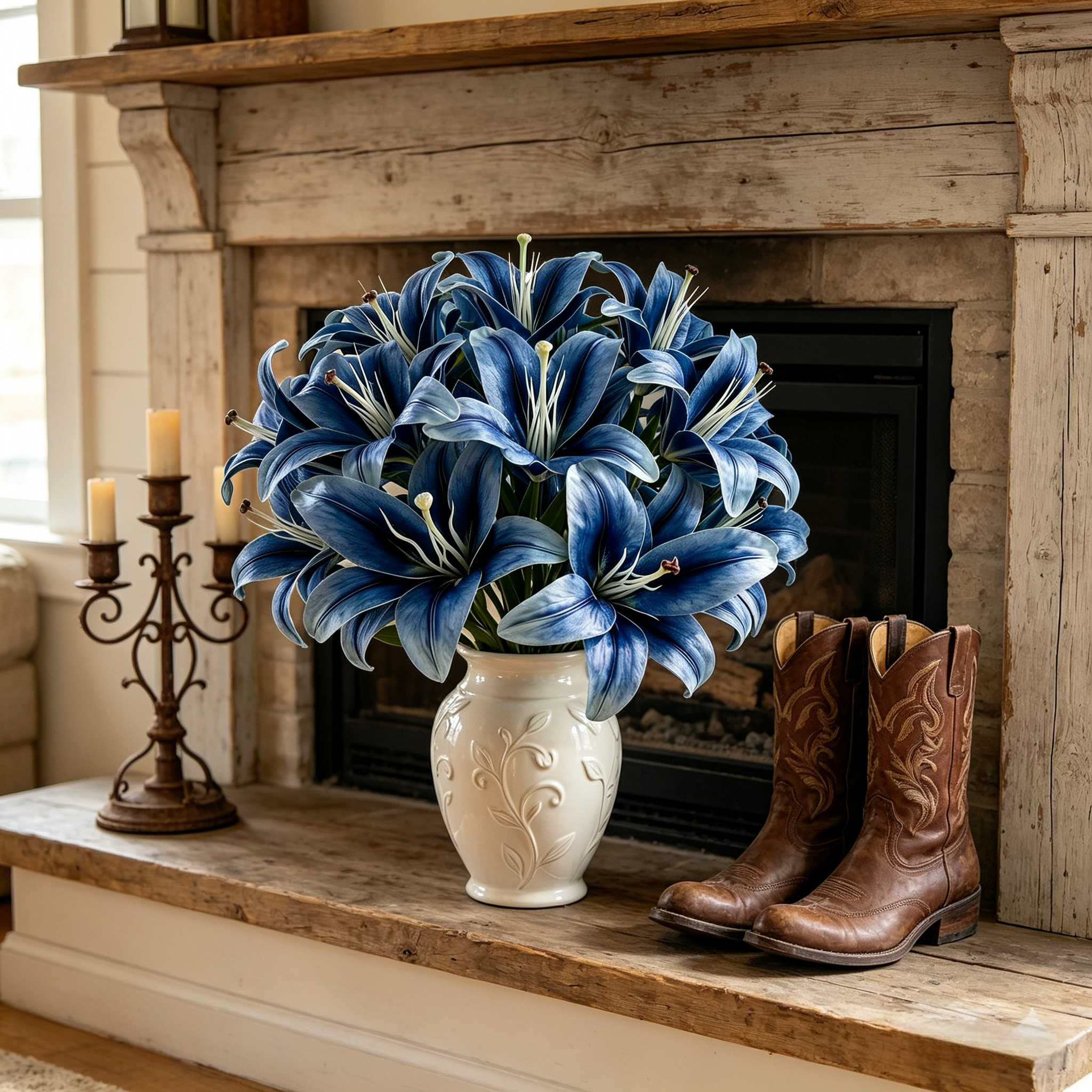 Blue Faux Lily Stems, Set of 2 – 3 Bloom Heads Decorative Floral Stems for Home Décor