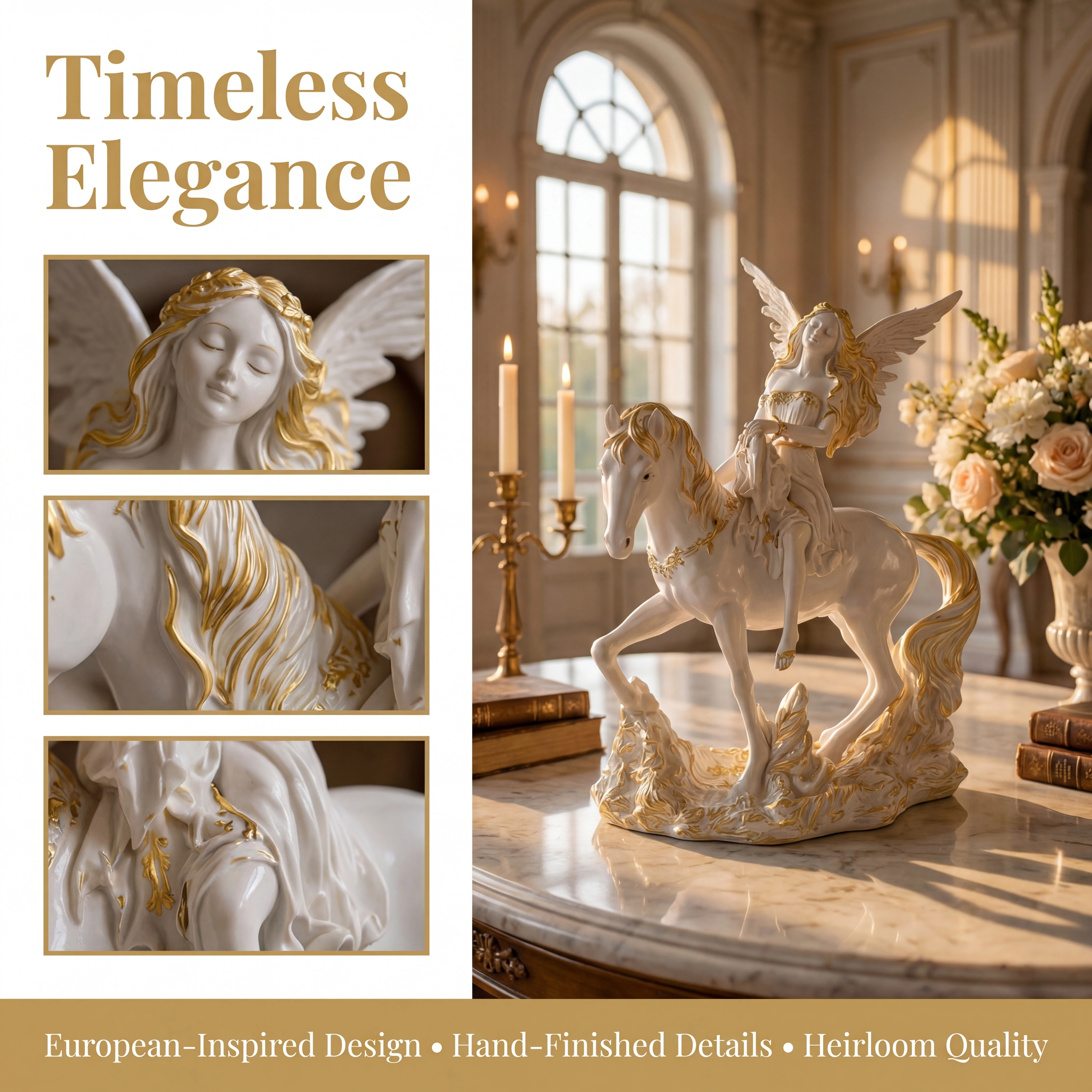 Celestial Angel Decor Set – Angel Tray Statue & Angel Horse Figurine Gift Set