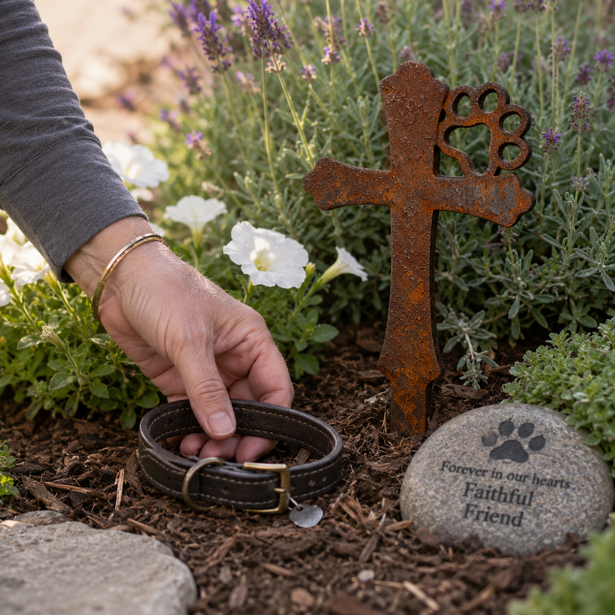 Rustic Metal Pet Memorial Garden Stake with Paw Print Cross