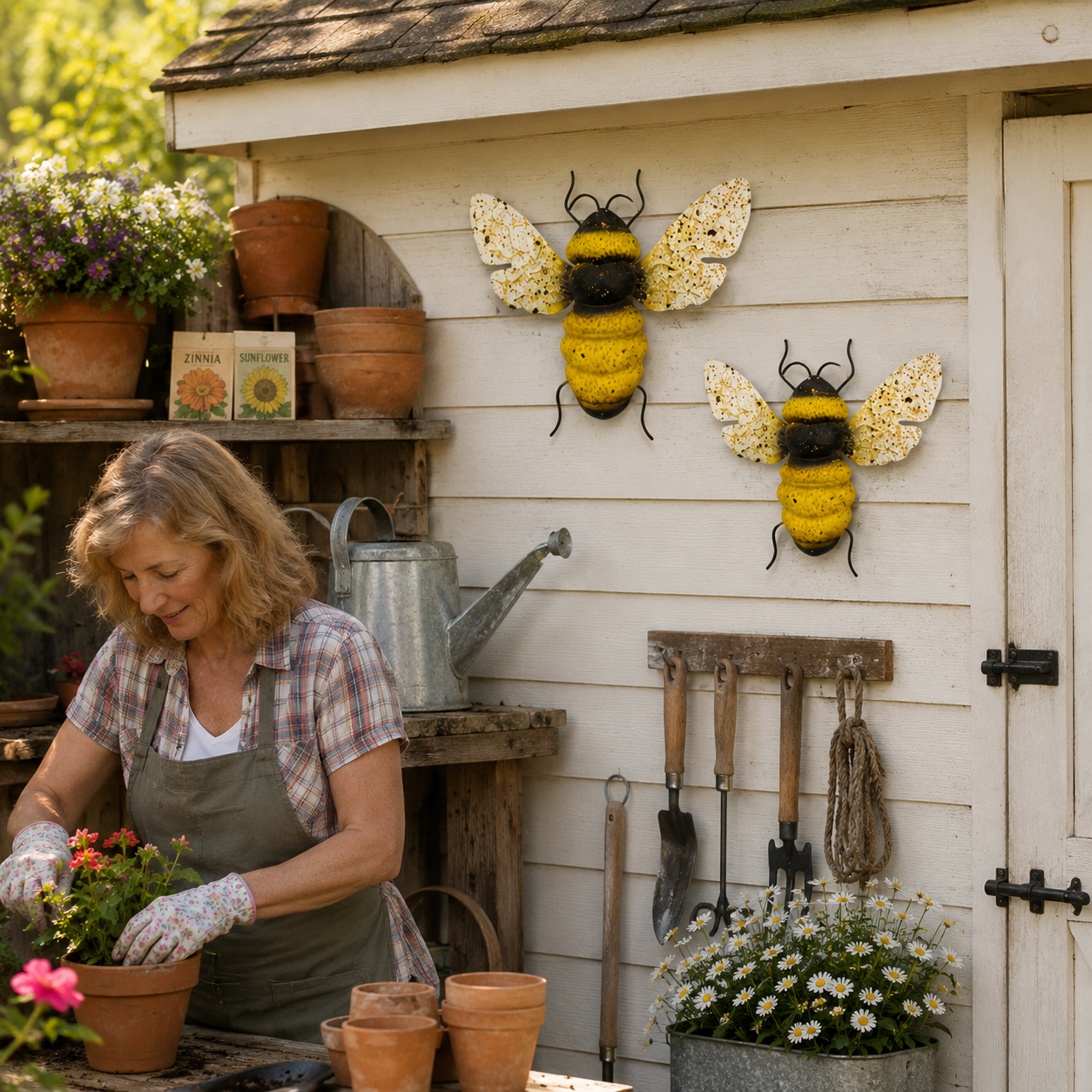 2-Piece Painted Bee Wall Decor Set – Rustic Metal Bee Garden & Porch Decorations