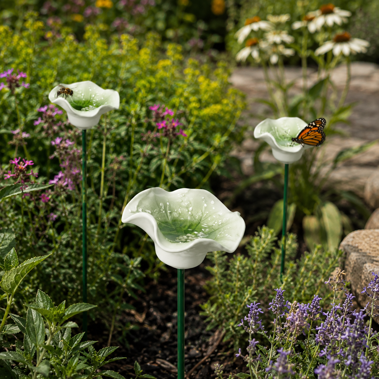 Green Lotus Leaf Garden Stake – Mini Pollinator Water Cup for Bees, Butterflies & Garden Decor