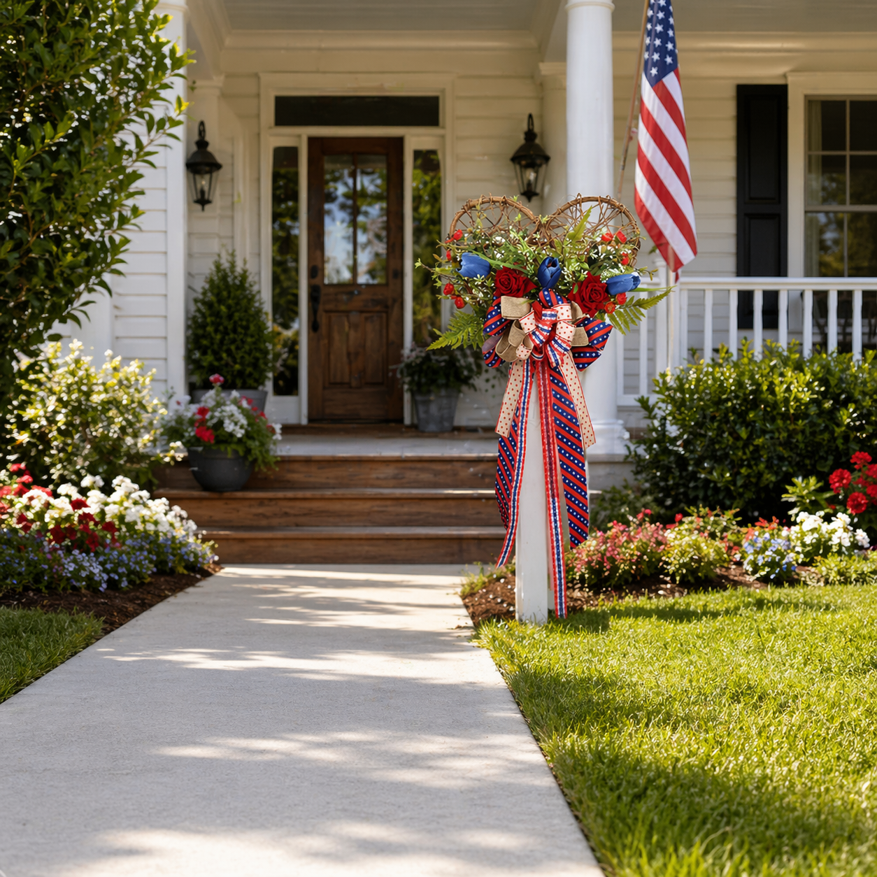 America 250 Patriotic Floral Bicycle Door Hanger – Red White Blue Independence Decor