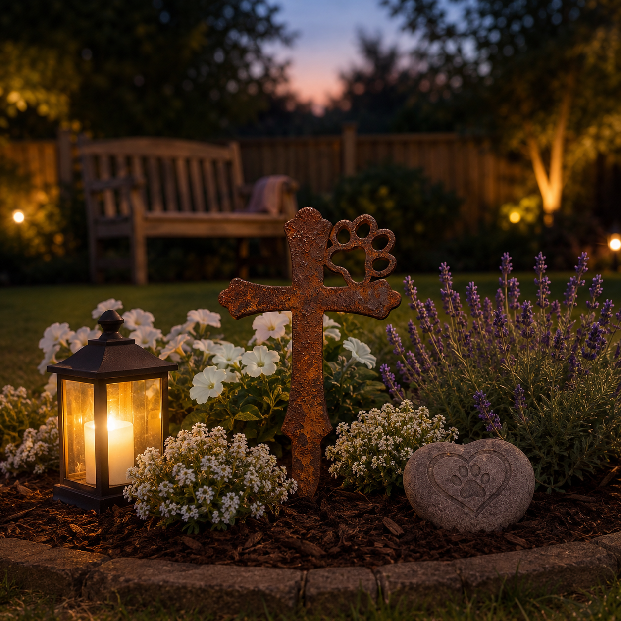 Rustic Metal Pet Memorial Garden Stake with Paw Print Cross