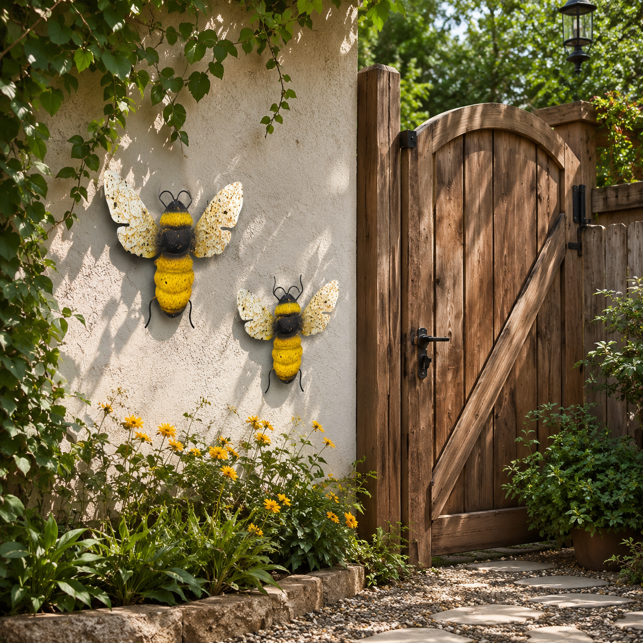 2-Piece Painted Bee Wall Decor Set – Rustic Metal Bee Garden & Porch Decorations