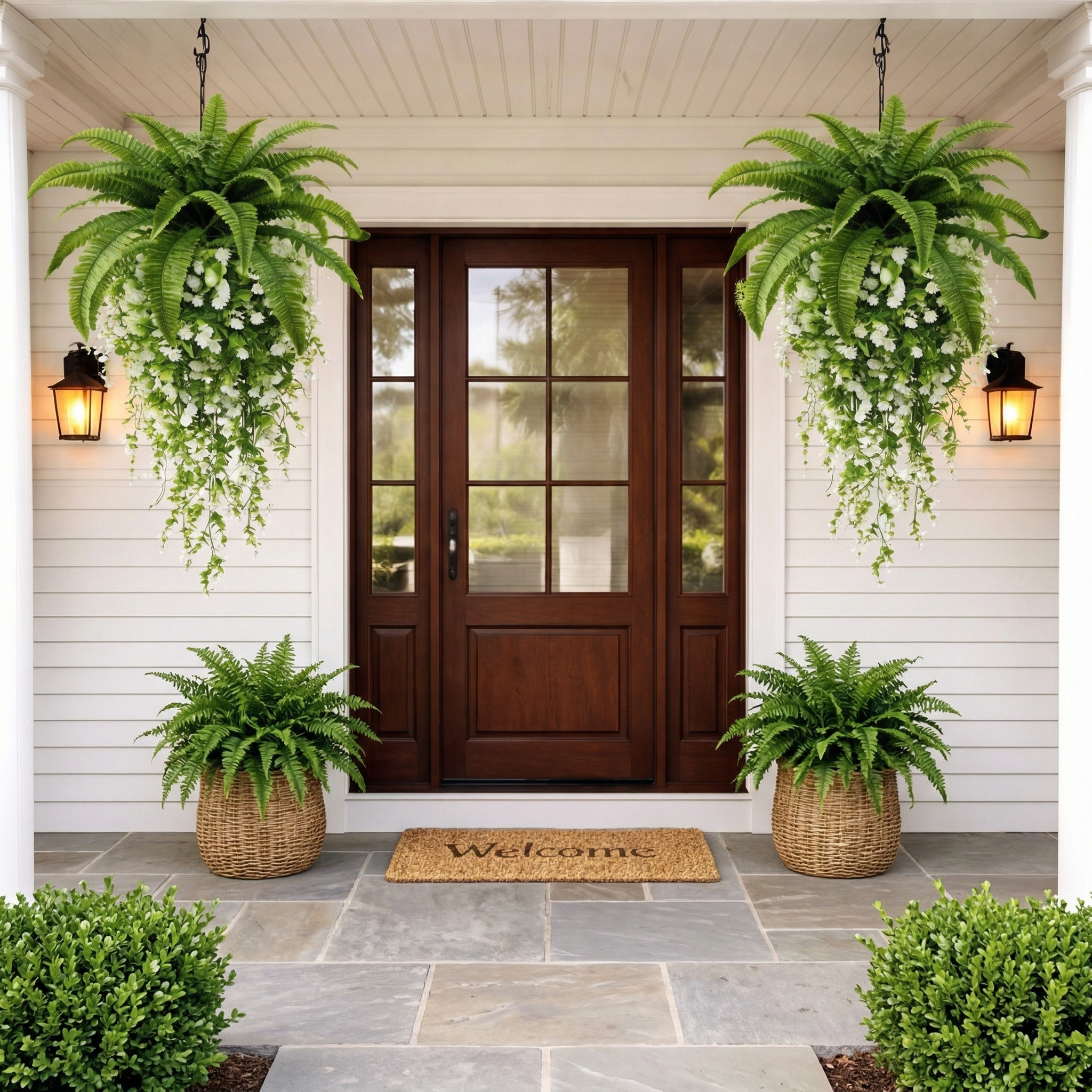 Artificial Hanging Fern Basket Set with Persian Grass & White Camellia Vines – Faux Hanging Greenery for Porch, Patio, Wedding & Home Décor