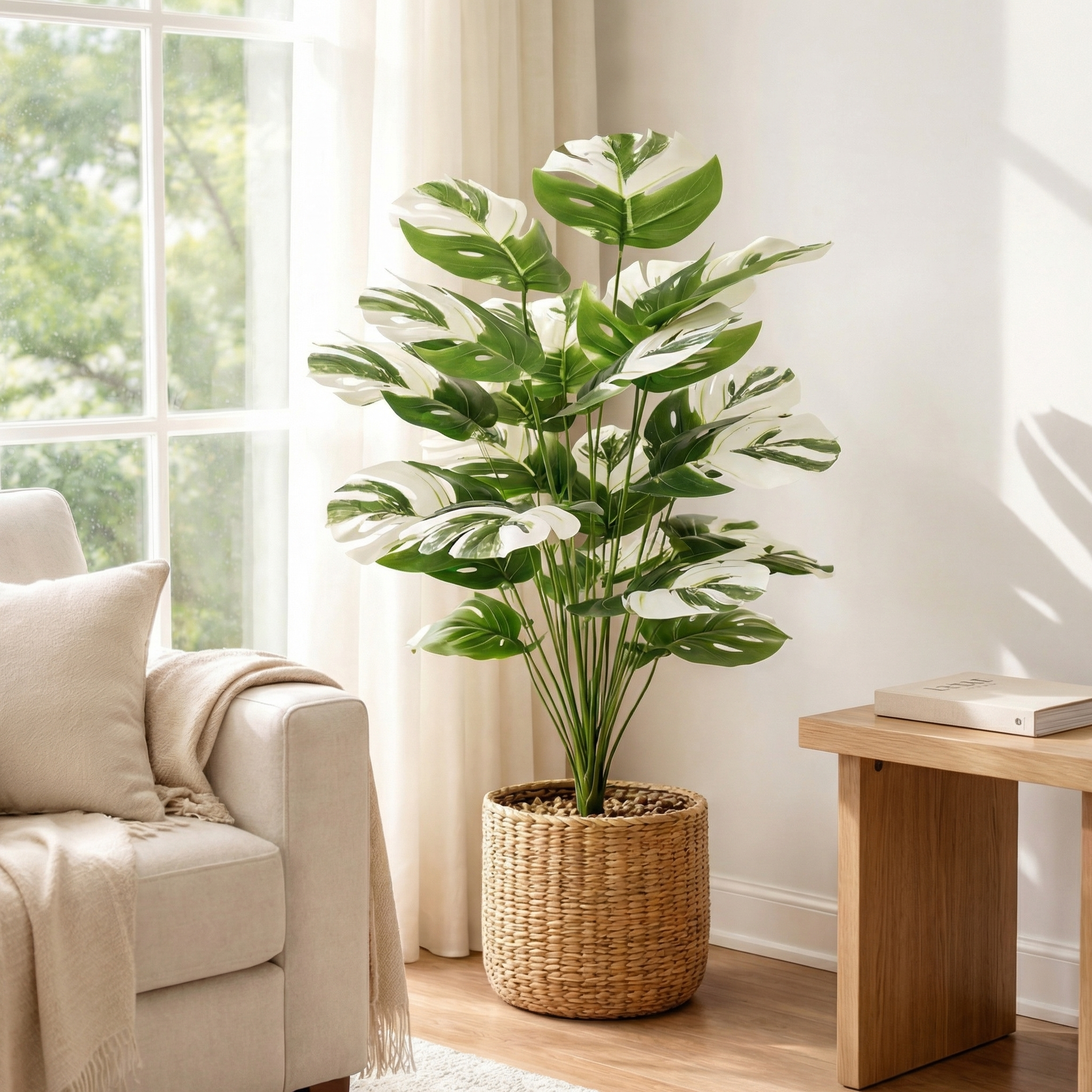 80cm Faux Variegated Monstera Plant in Pot – 24-Head Artificial Greenery for Living Room, Bedroom, Entryway & Office