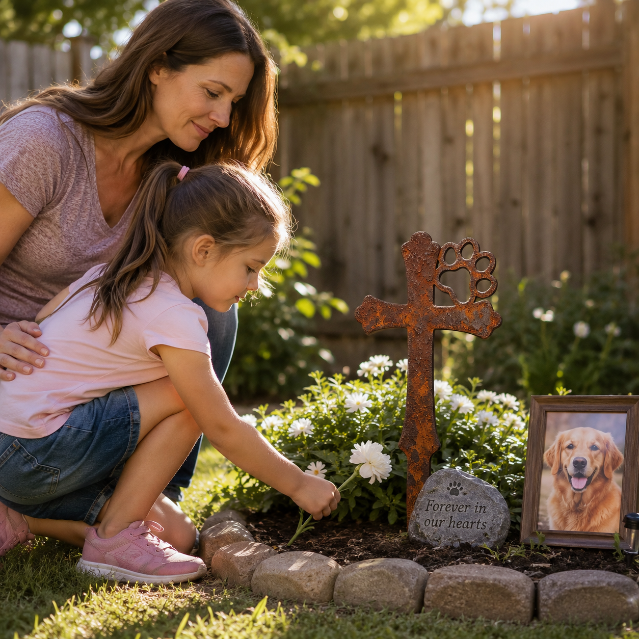 Rustic Metal Pet Memorial Garden Stake with Paw Print Cross