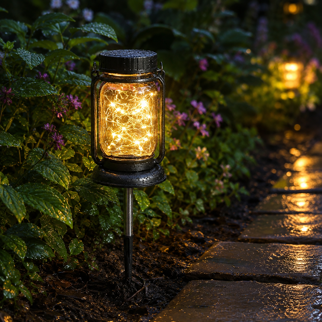 Solar Mason Jar Garden Lantern with Ground Stake – Warm White Outdoor Decorative Light