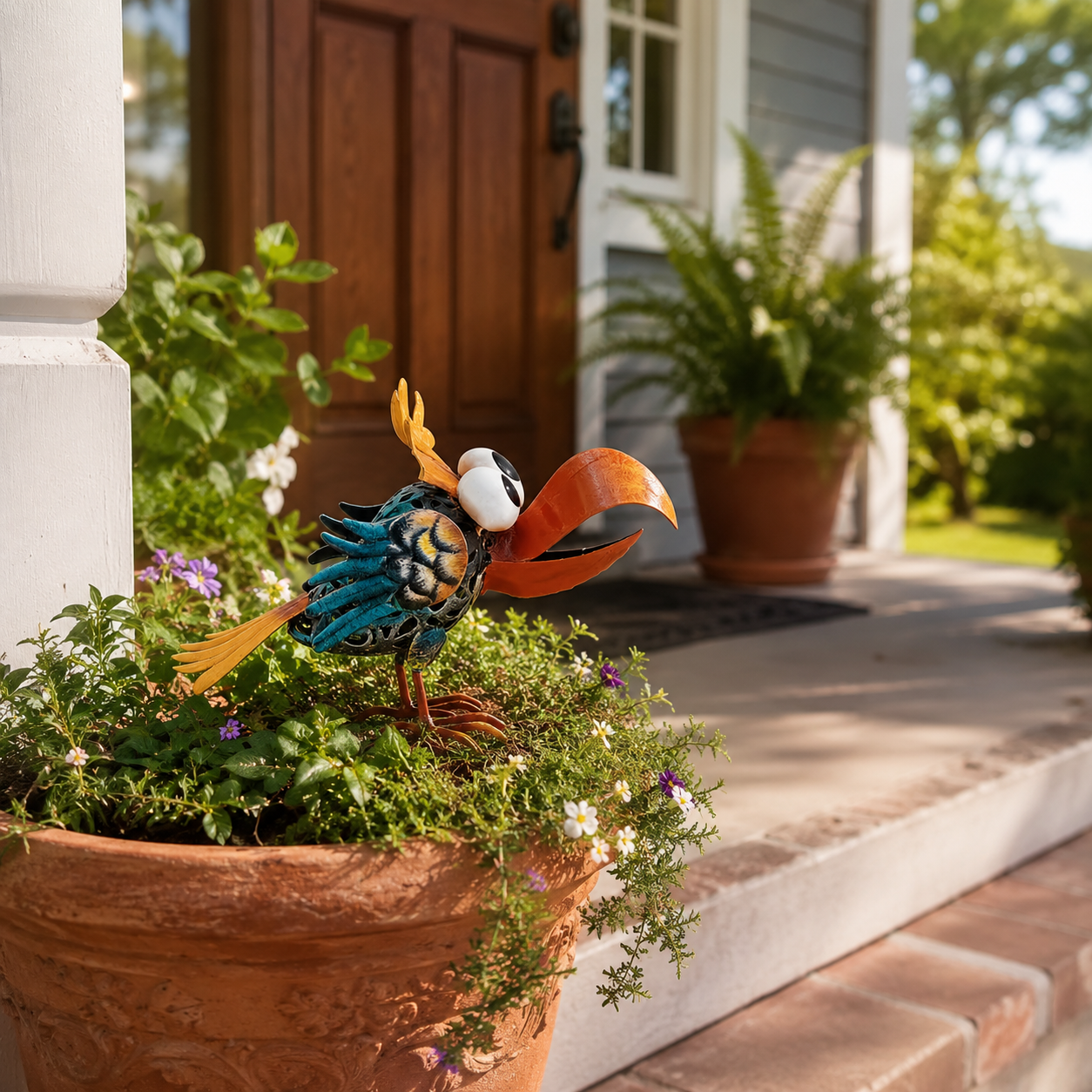 Metal Toucan Garden Decor – Colorful Iron Bird Planter Accent