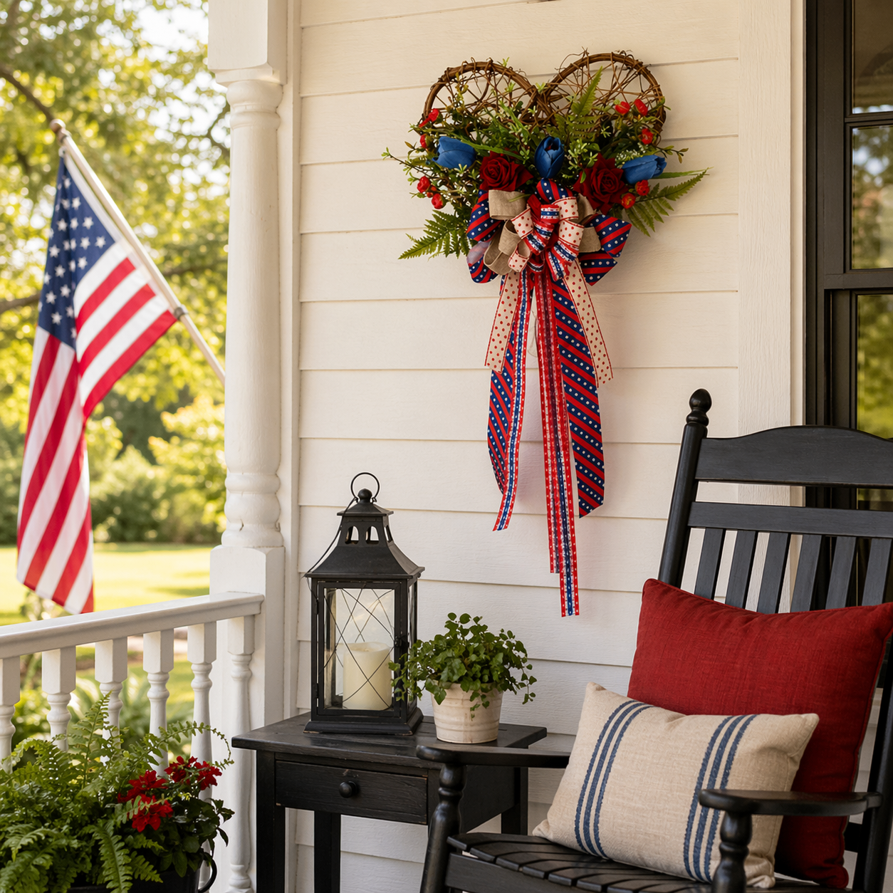 America 250 Patriotic Floral Bicycle Door Hanger – Red White Blue Independence Decor