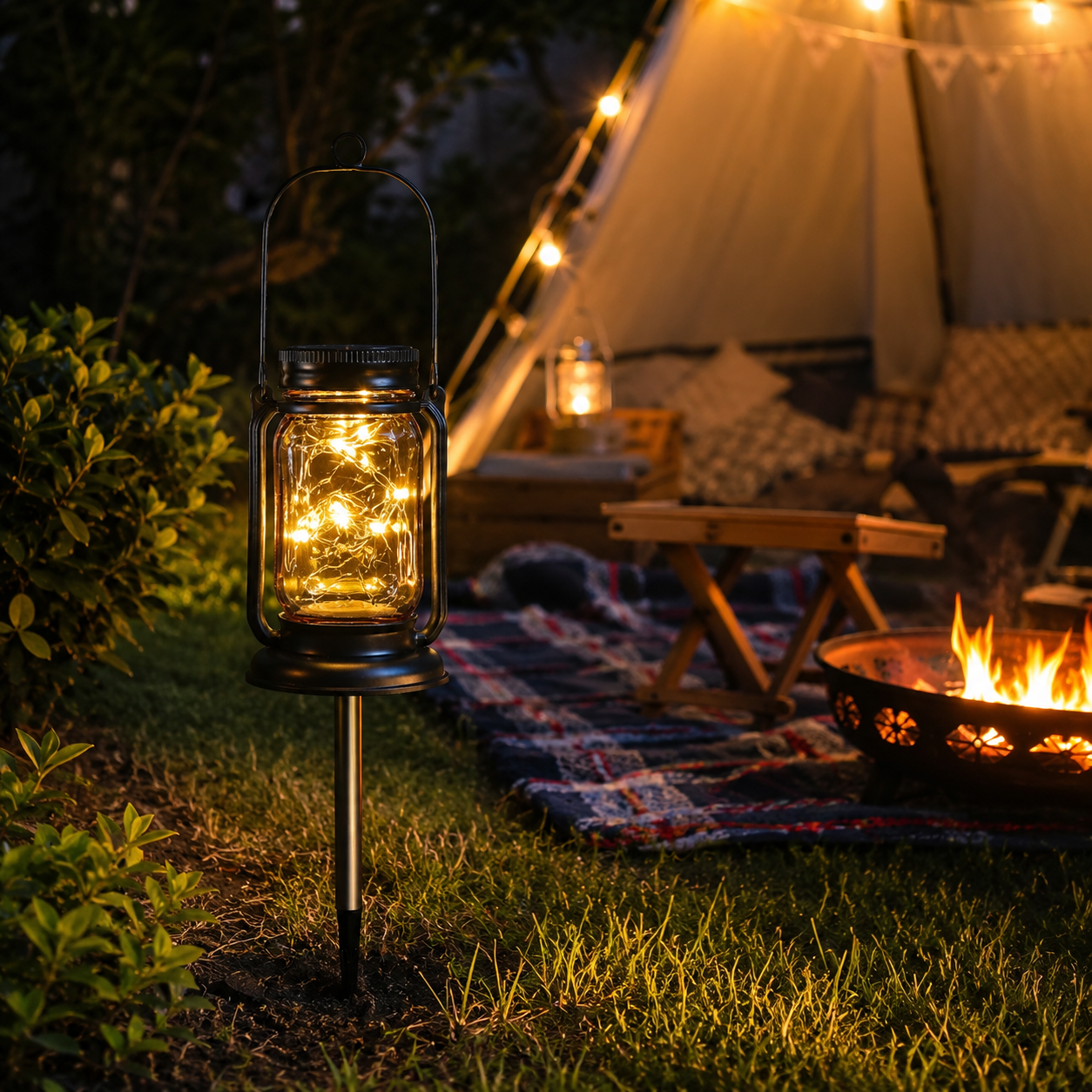 Solar Mason Jar Garden Lantern with Ground Stake – Warm White Outdoor Decorative Light