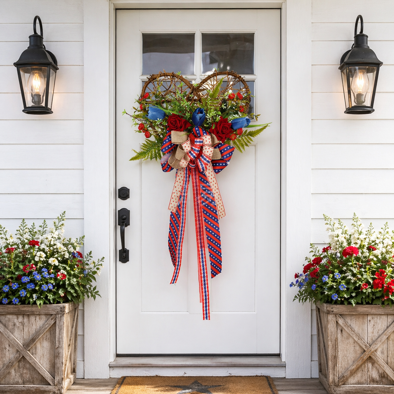 America 250 Patriotic Floral Bicycle Door Hanger – Red White Blue Independence Decor