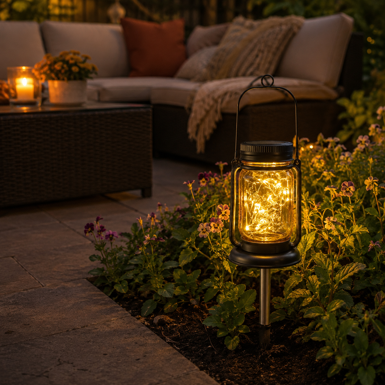 Solar Mason Jar Garden Lantern with Ground Stake – Warm White Outdoor Decorative Light
