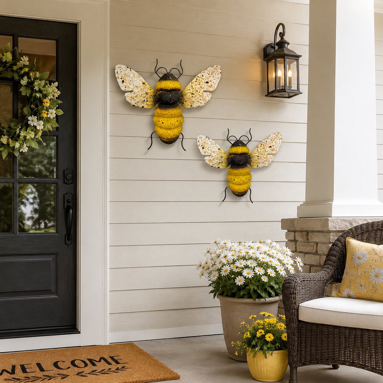 2-Piece Painted Bee Wall Decor Set – Rustic Metal Bee Garden & Porch Decorations