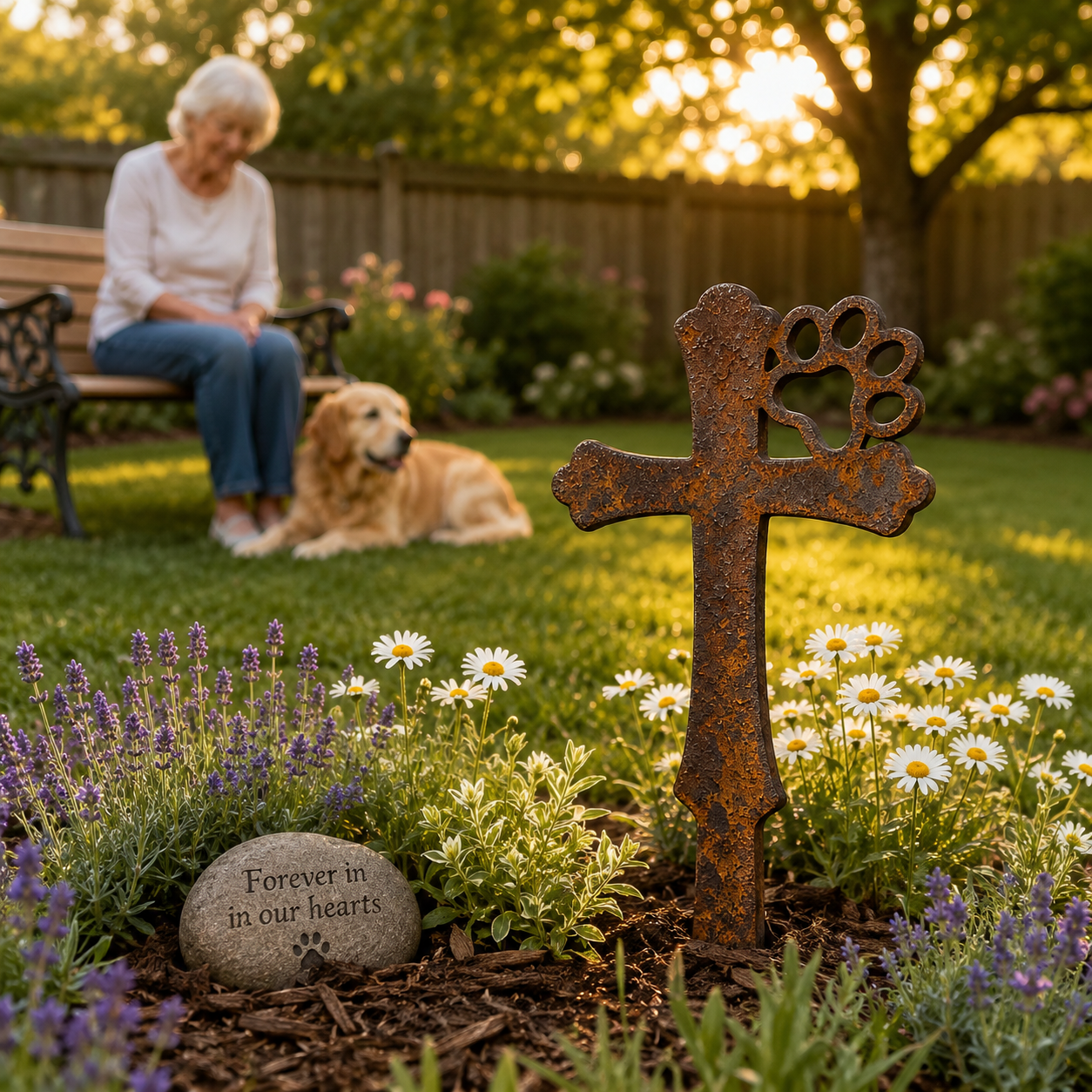 Rustic Metal Pet Memorial Garden Stake with Paw Print Cross