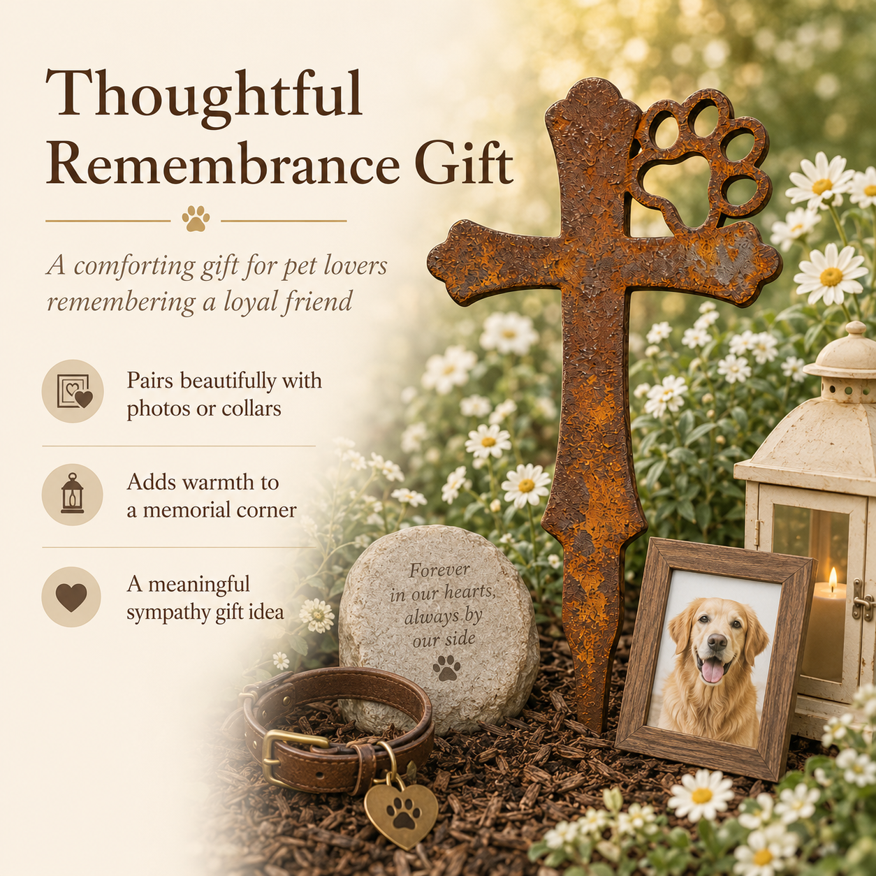 Rustic Metal Pet Memorial Garden Stake with Paw Print Cross