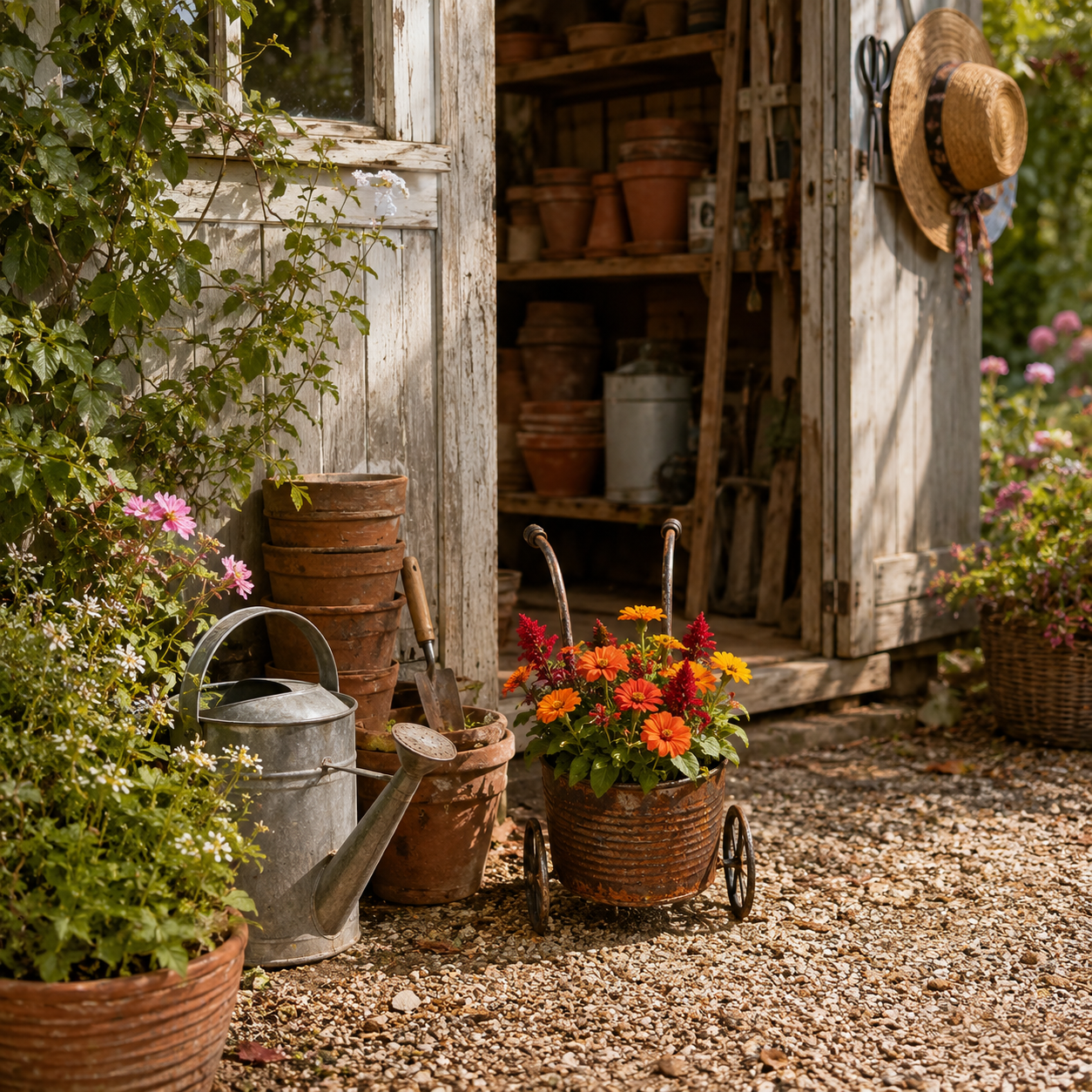 Rustic Metal Wheelbarrow Planter, Vintage Garden Cart Flower Pot