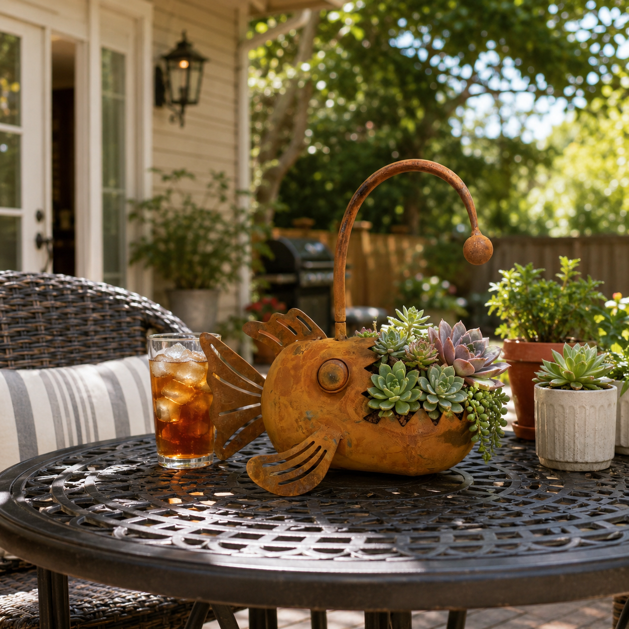 Vintage Metal Anglerfish Planter – Rustic Big Mouth Fish Flower Pot