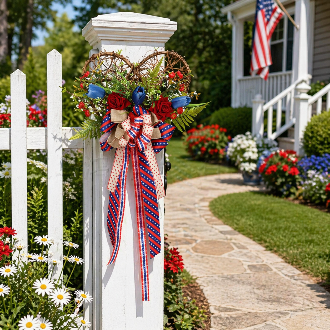 America 250 Patriotic Floral Bicycle Door Hanger – Red White Blue Independence Decor