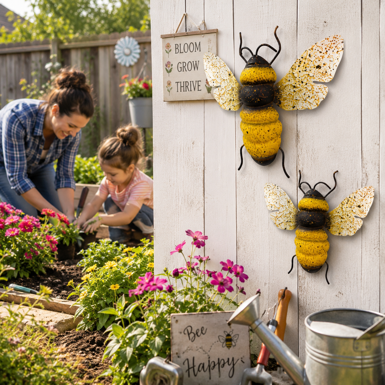 2-Piece Painted Bee Wall Decor Set – Rustic Metal Bee Garden & Porch Decorations