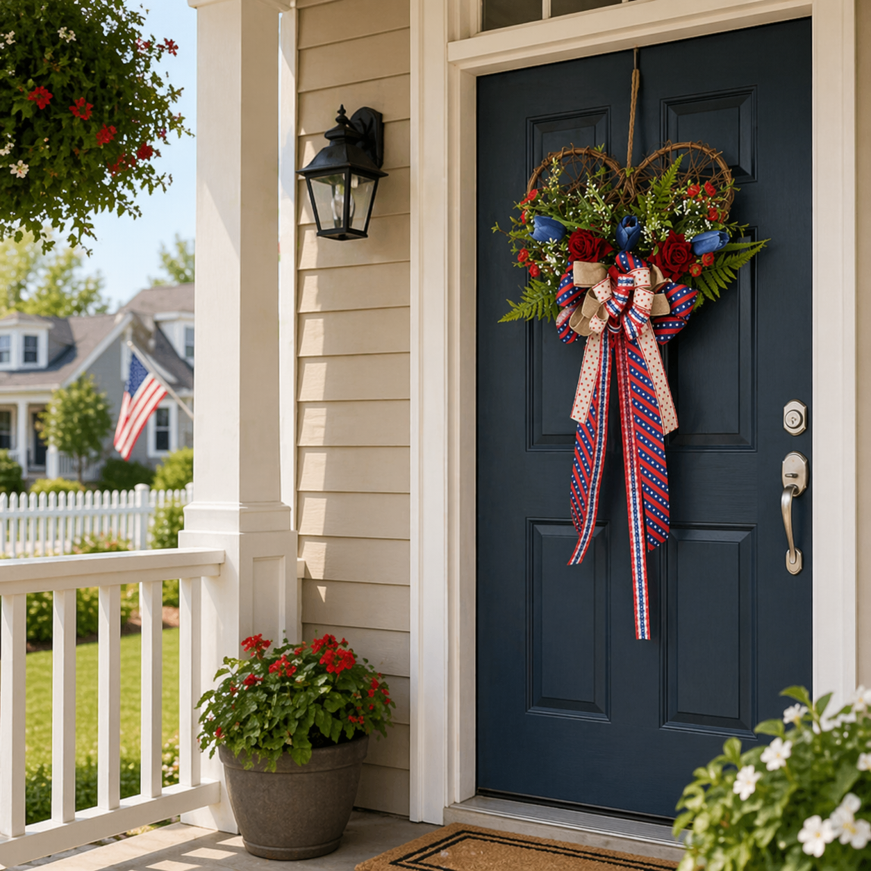 America 250 Patriotic Floral Bicycle Door Hanger – Red White Blue Independence Decor