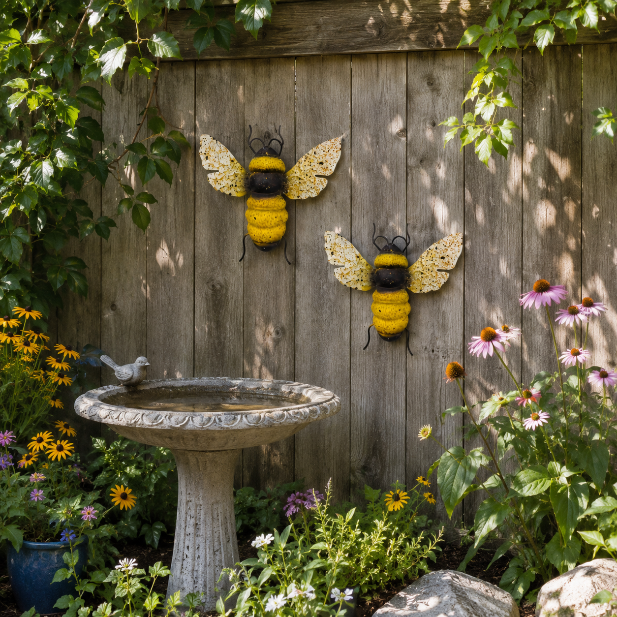 2-Piece Painted Bee Wall Decor Set – Rustic Metal Bee Garden & Porch Decorations