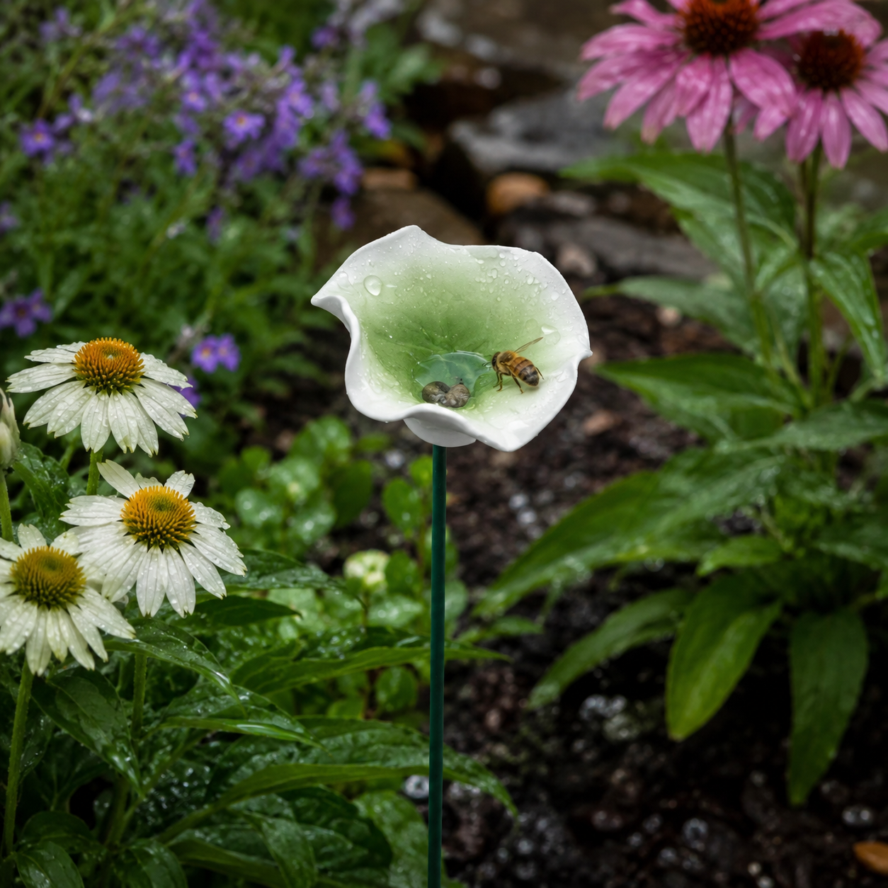 Green Lotus Leaf Garden Stake – Mini Pollinator Water Cup for Bees, Butterflies & Garden Decor