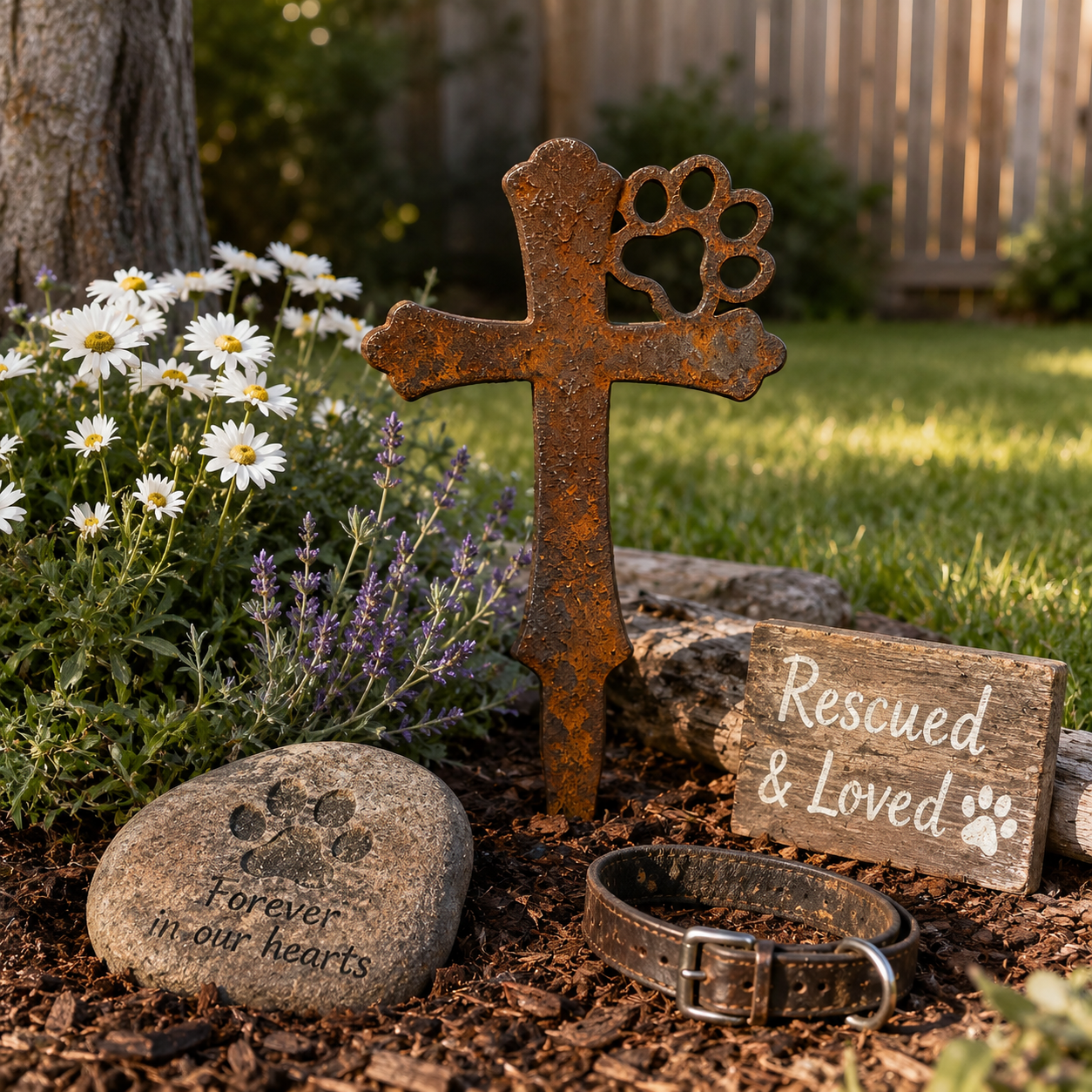 Rustic Metal Pet Memorial Garden Stake with Paw Print Cross