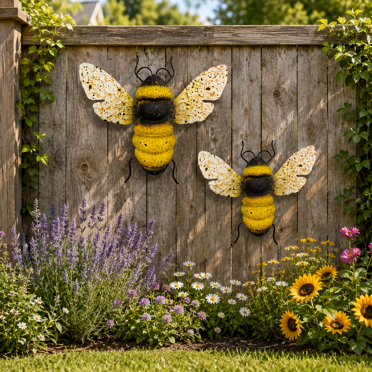 2-Piece Painted Bee Wall Decor Set – Rustic Metal Bee Garden & Porch Decorations