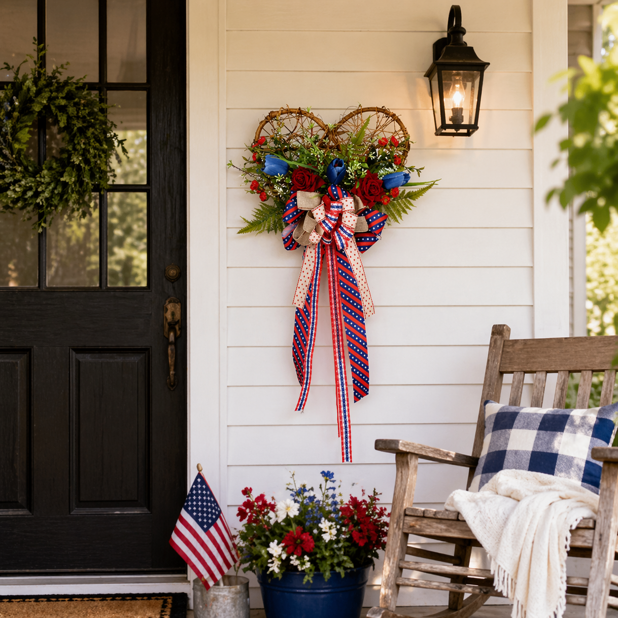 America 250 Patriotic Floral Bicycle Door Hanger – Red White Blue Independence Decor