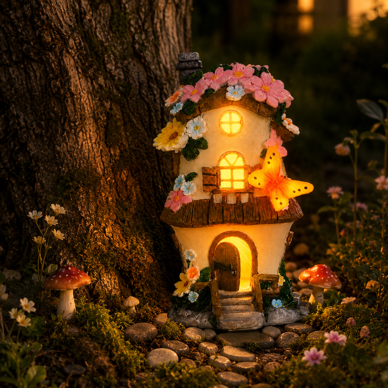 Solar Resin Flower Cottage Garden Light with Butterfly Decor