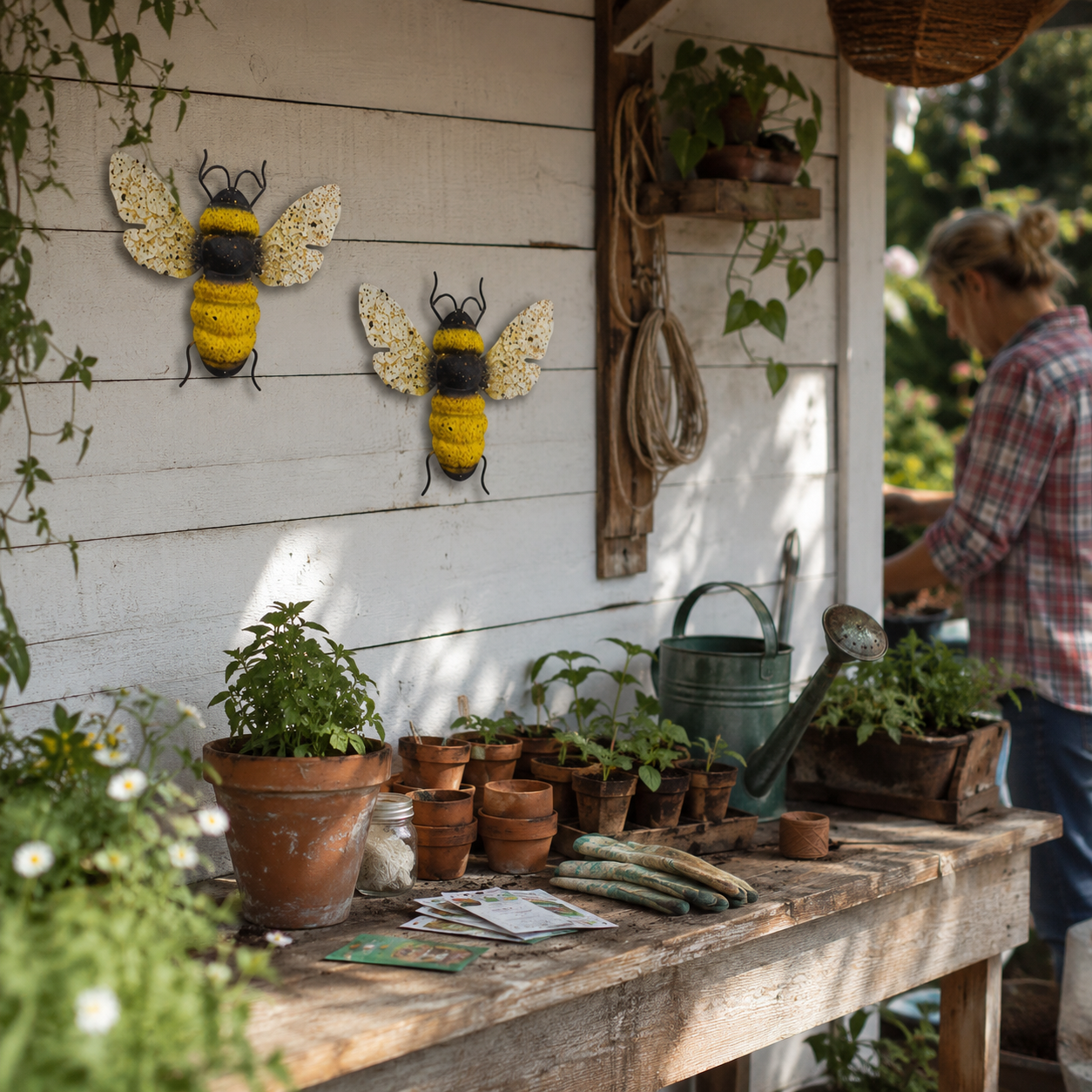 2-Piece Painted Bee Wall Decor Set – Rustic Metal Bee Garden & Porch Decorations