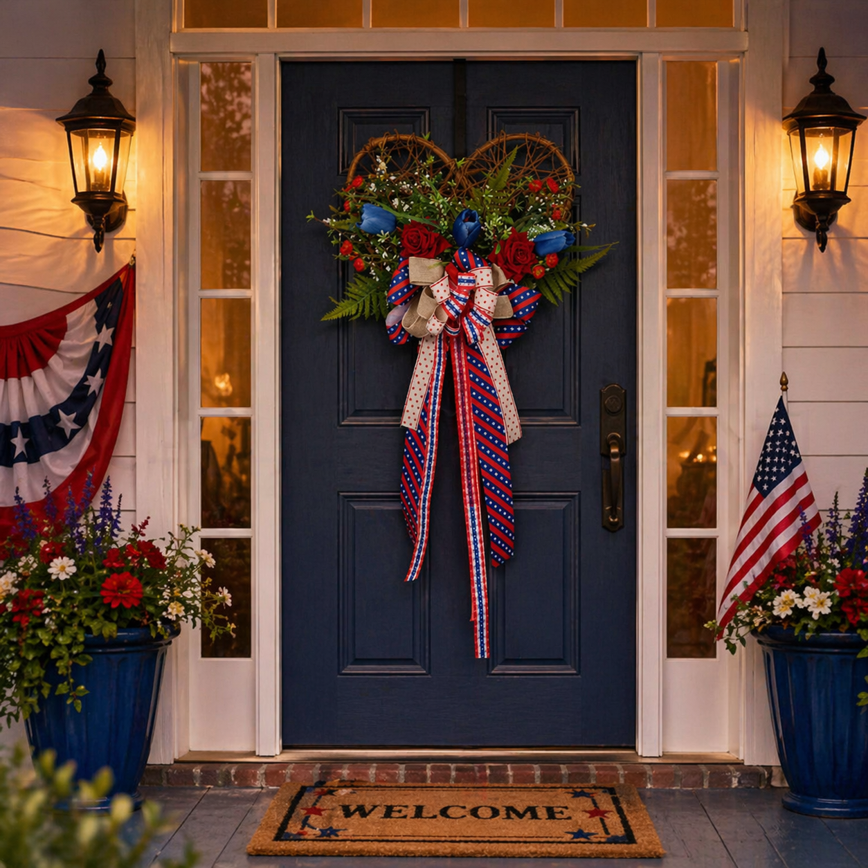 America 250 Patriotic Floral Bicycle Door Hanger – Red White Blue Independence Decor