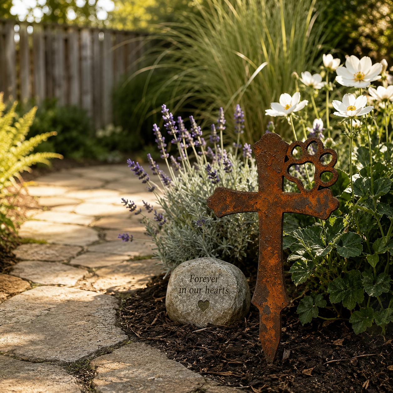 Rustic Metal Pet Memorial Garden Stake with Paw Print Cross
