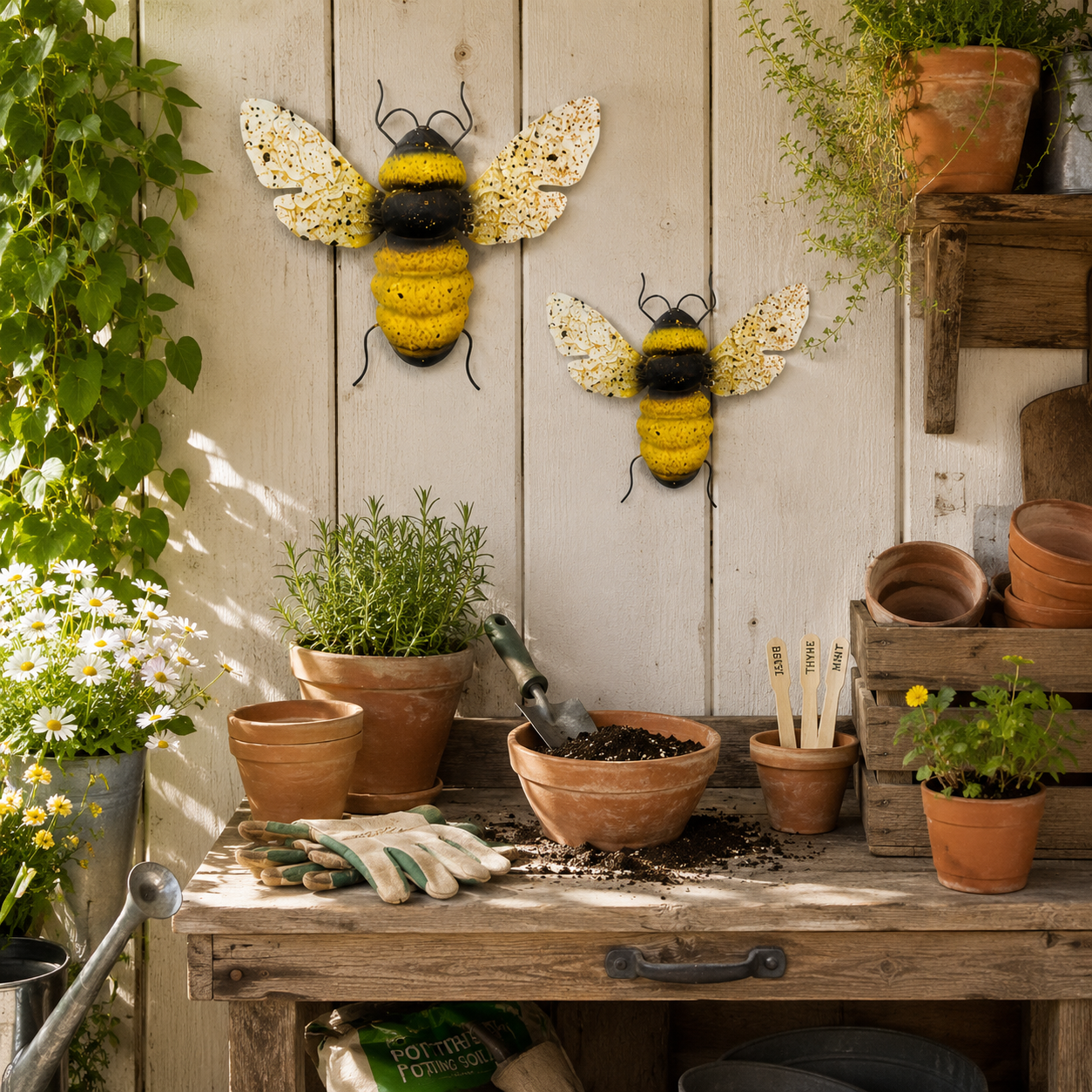 2-Piece Painted Bee Wall Decor Set – Rustic Metal Bee Garden & Porch Decorations