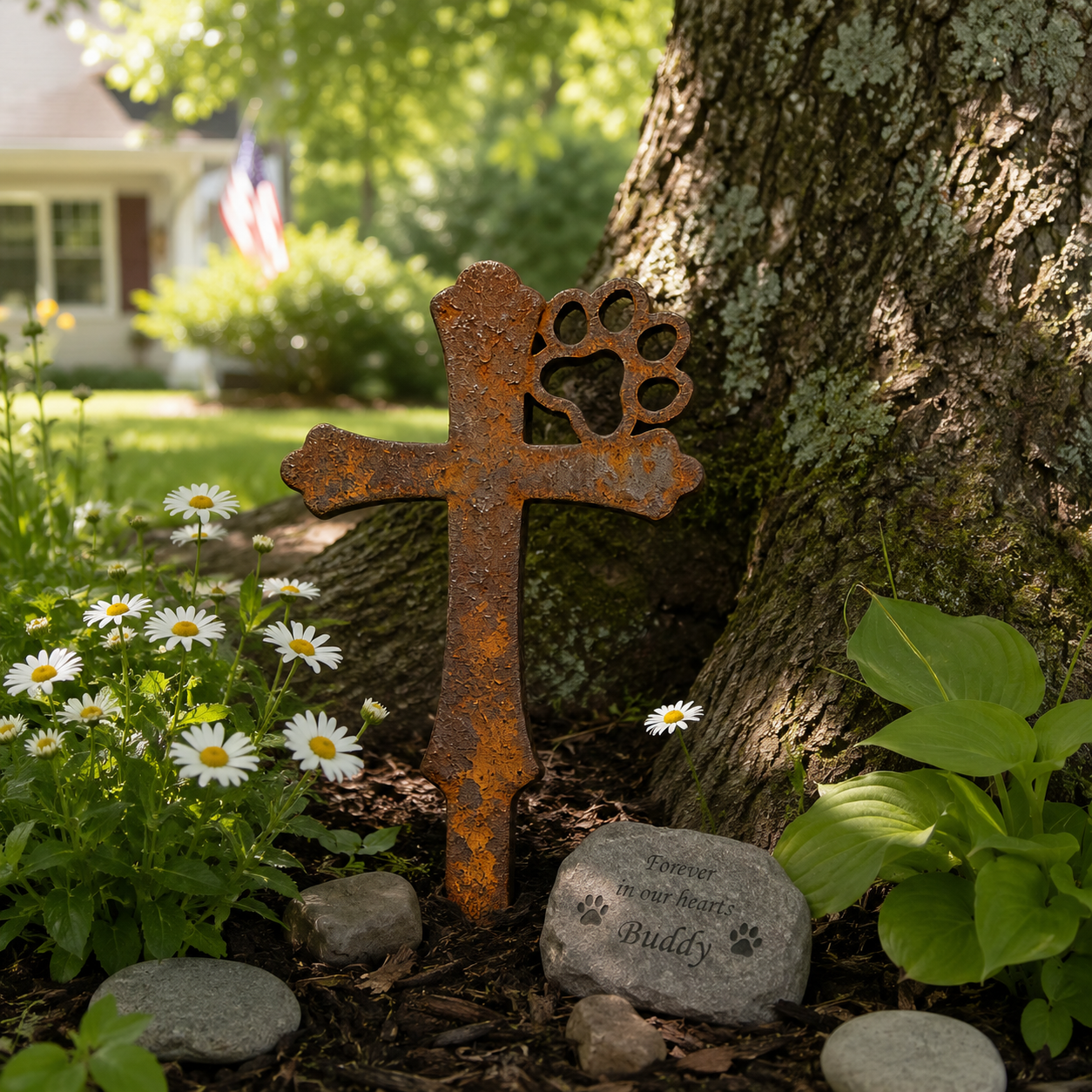 Rustic Metal Pet Memorial Garden Stake with Paw Print Cross
