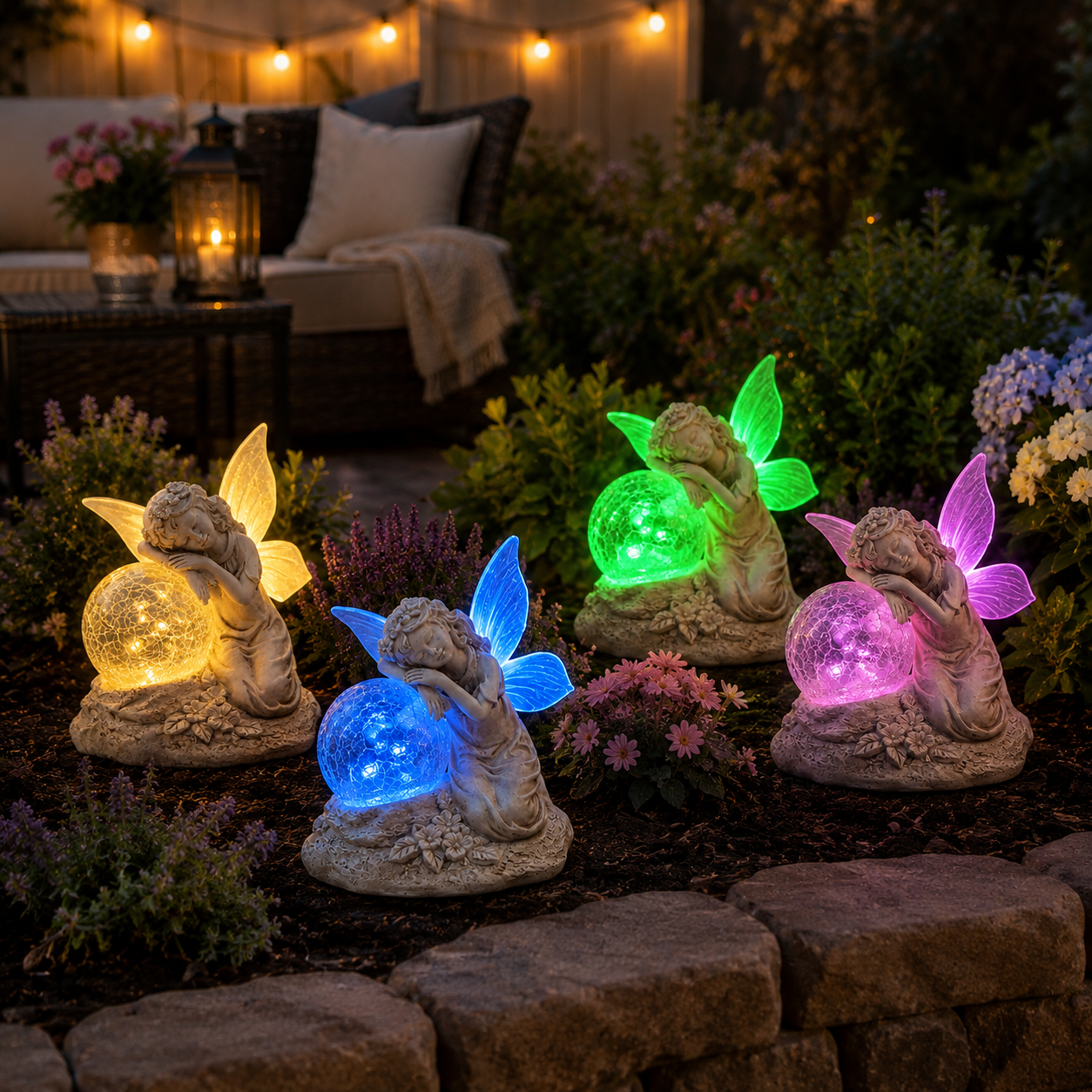 Solar-powered color-changing fairy statue