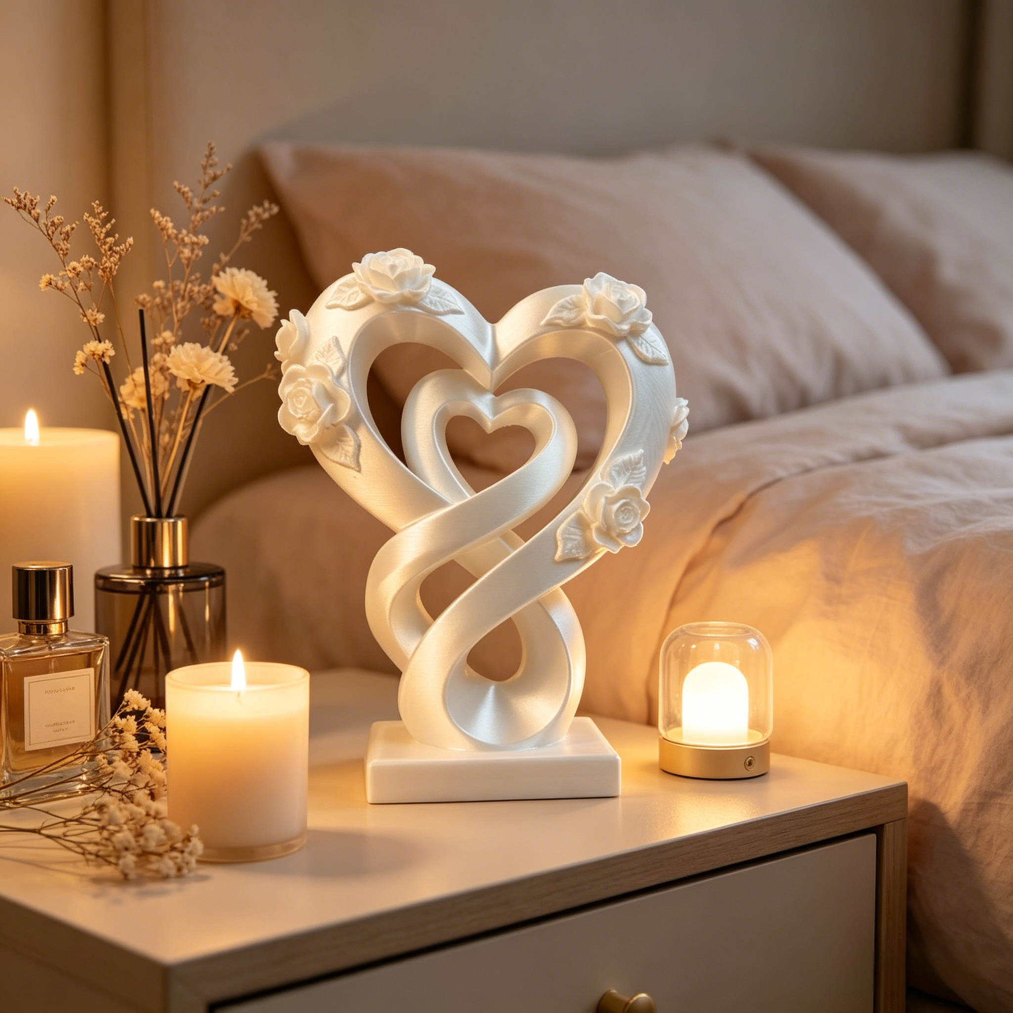 Eternal Love Double Heart Sculpture with Roses – Romantic Home Decor Accent