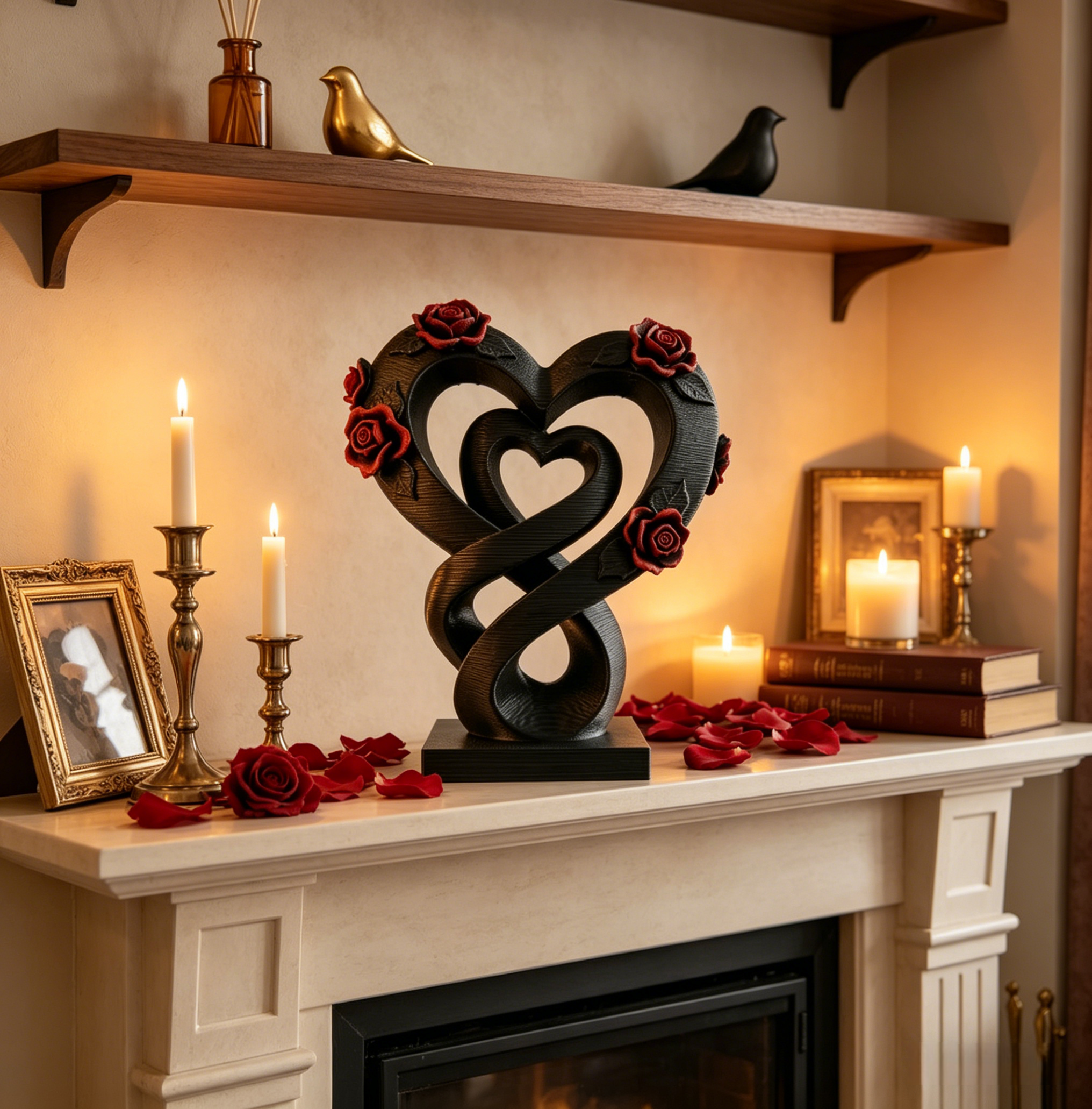 Eternal Love Double Heart Sculpture with Roses – Romantic Home Decor Accent