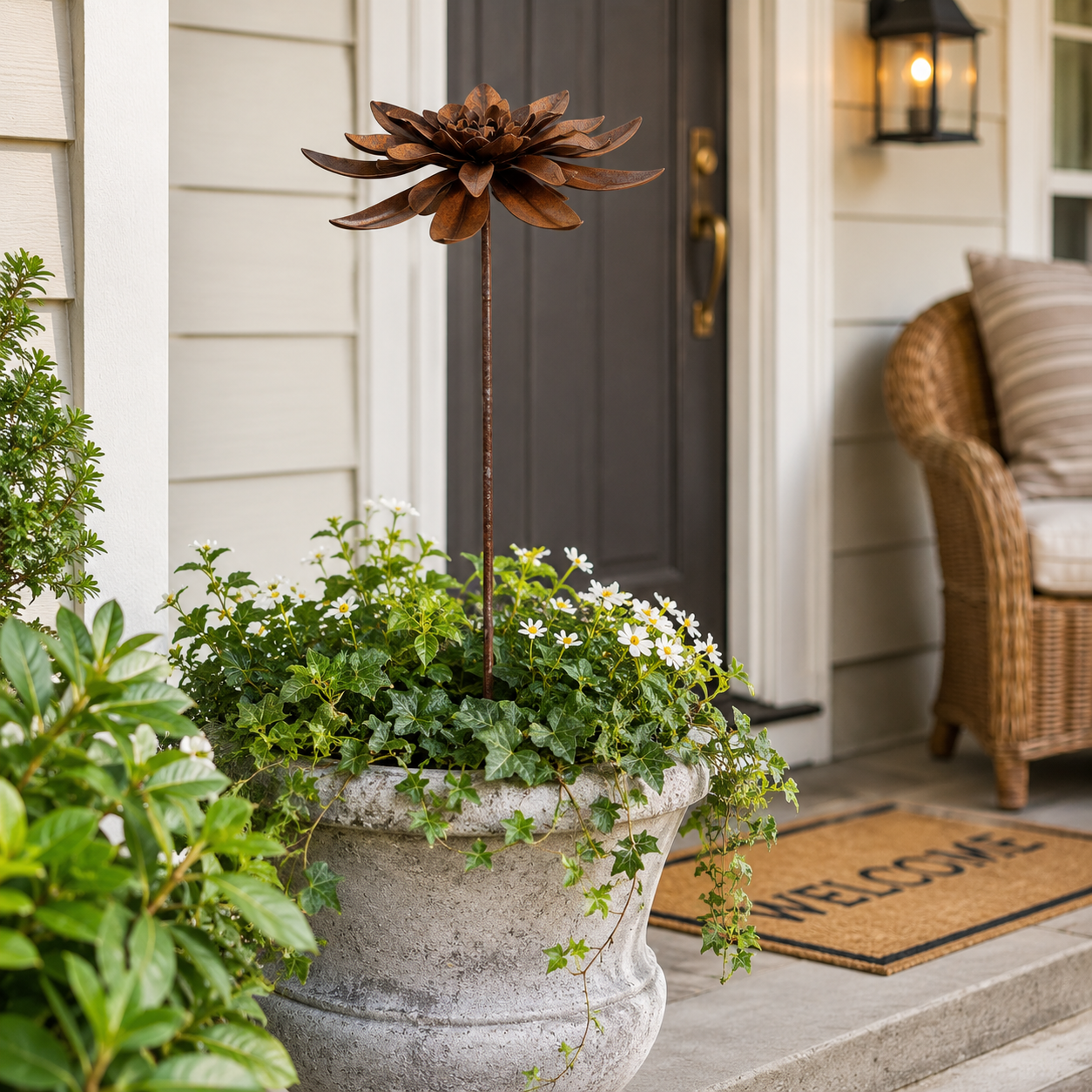 Rustic Metal Lotus Garden Stake – Weathered Outdoor Flower Yard Decor