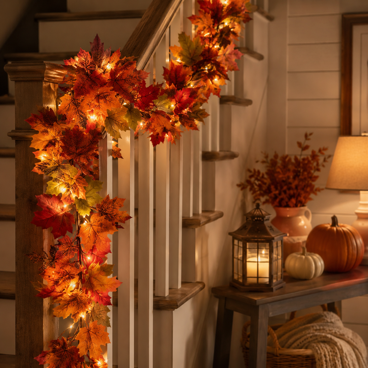 Lighted Fall Maple Leaf Garland with Remote Control