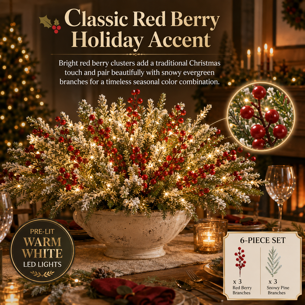 Lighted Christmas Berry & Snowy Pine 6-Piece Set
