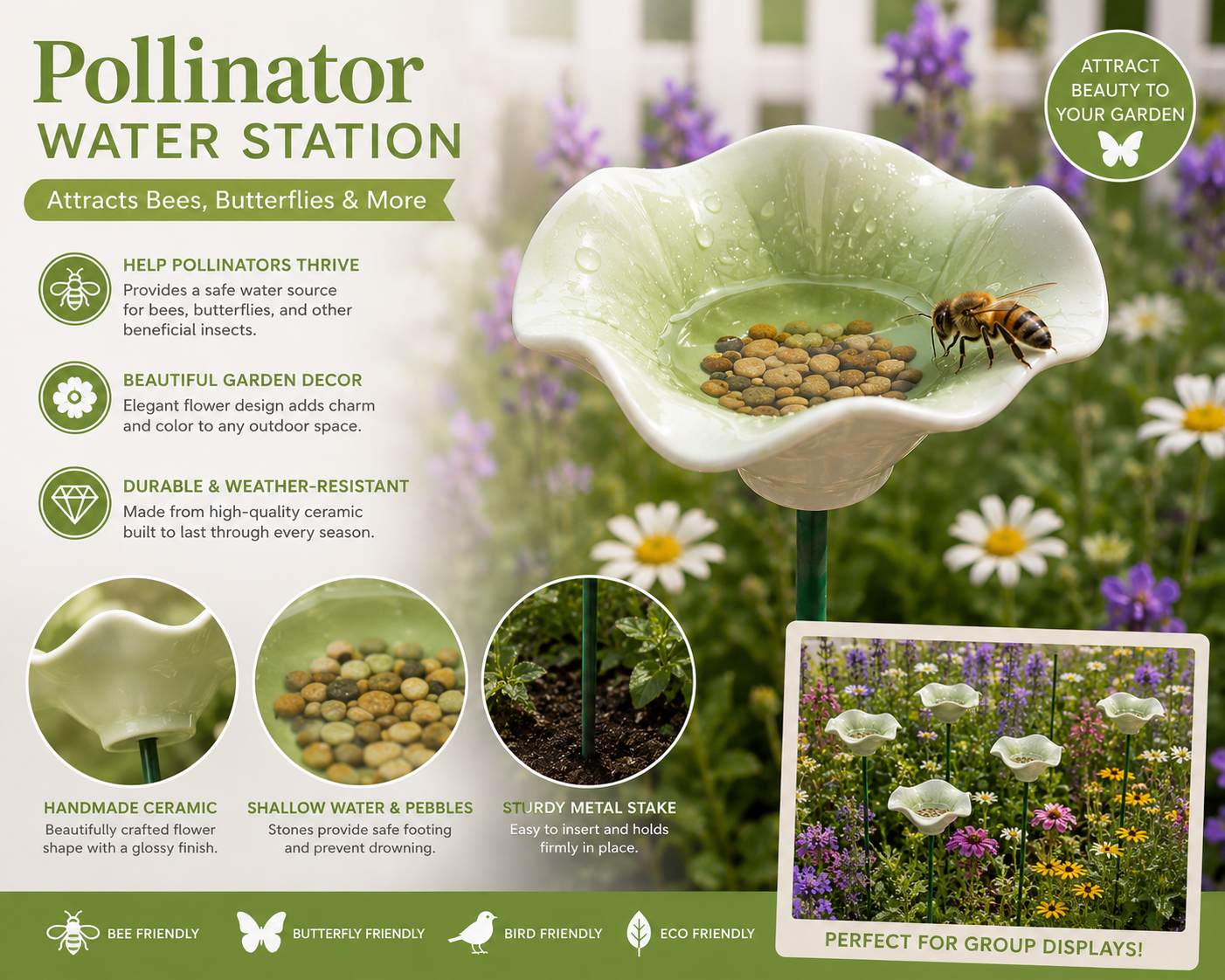 Green Lotus Leaf Garden Stake – Mini Pollinator Water Cup for Bees, Butterflies & Garden Decor
