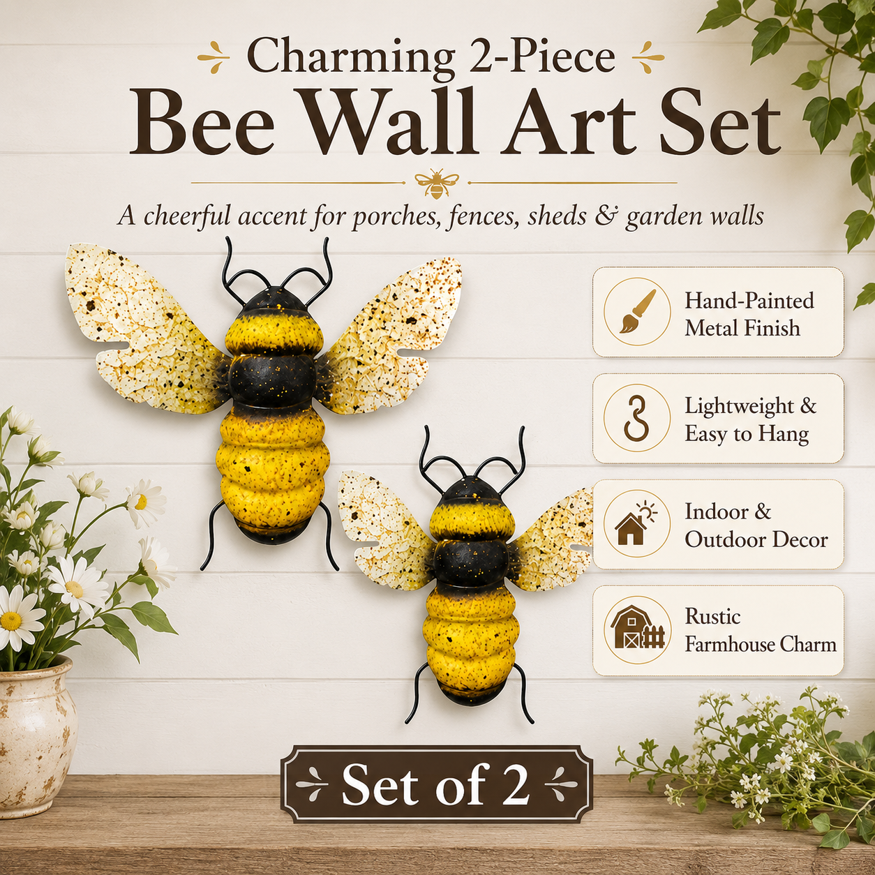 2-Piece Painted Bee Wall Decor Set – Rustic Metal Bee Garden & Porch Decorations