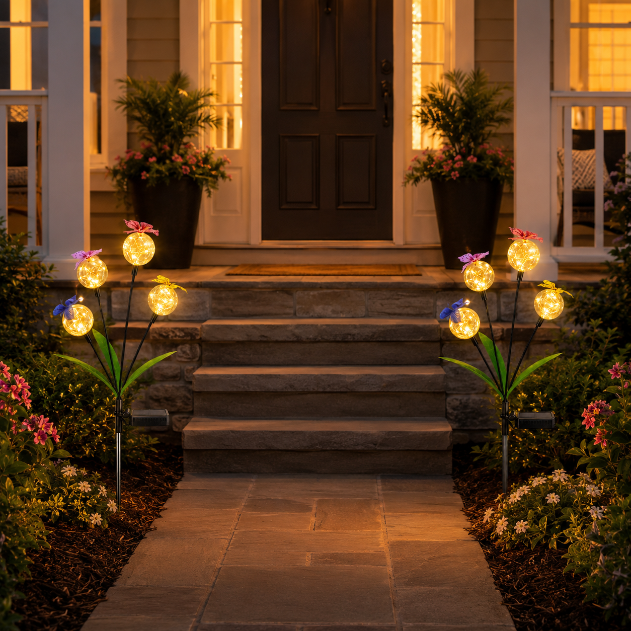 Solar Butterfly Garden Stake Light with 4 Glowing Crackle Globes
