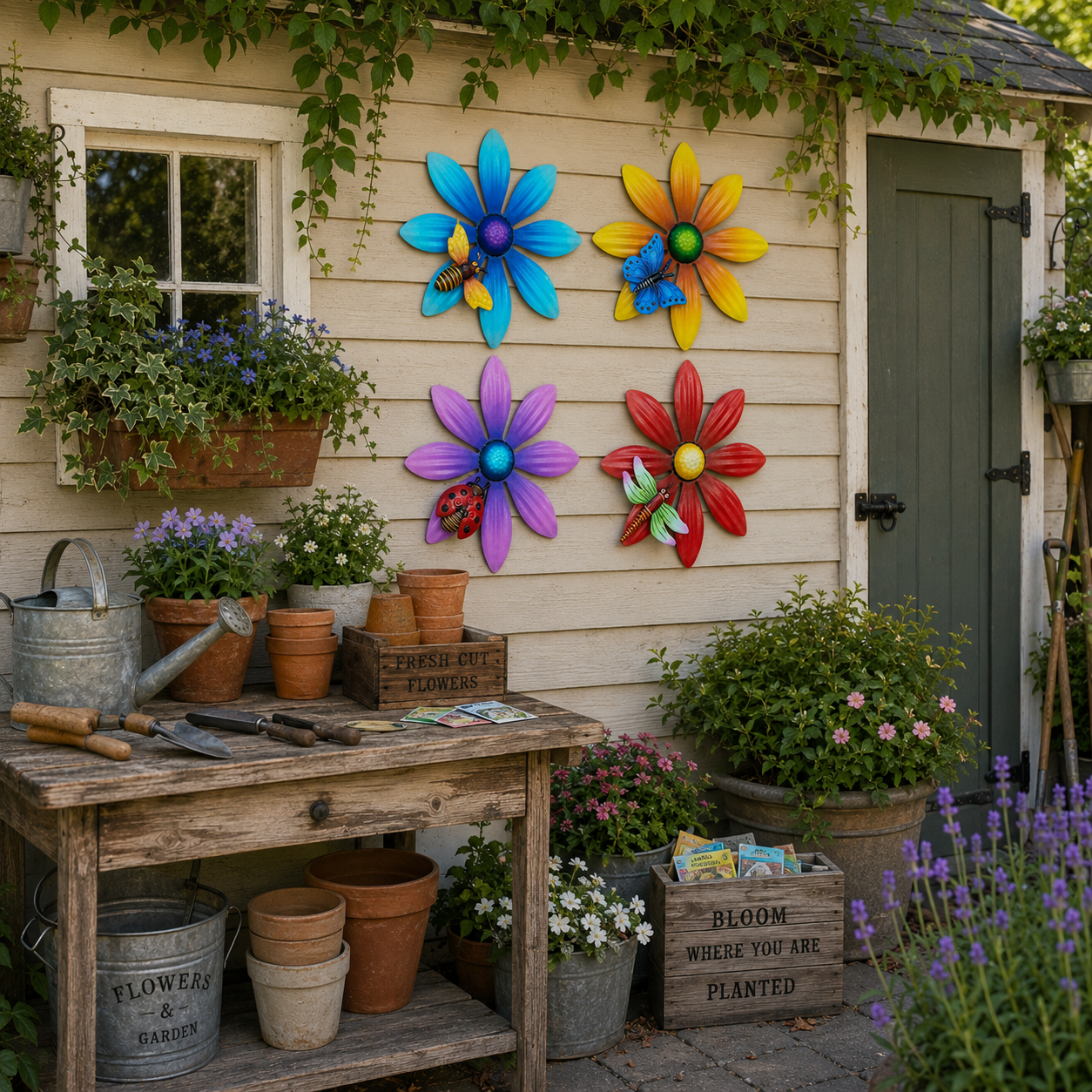 4-Piece Metal Flower Wall Decor Set – Colorful Garden Wall Art with Bee, Butterfly & Dragonfly Accents