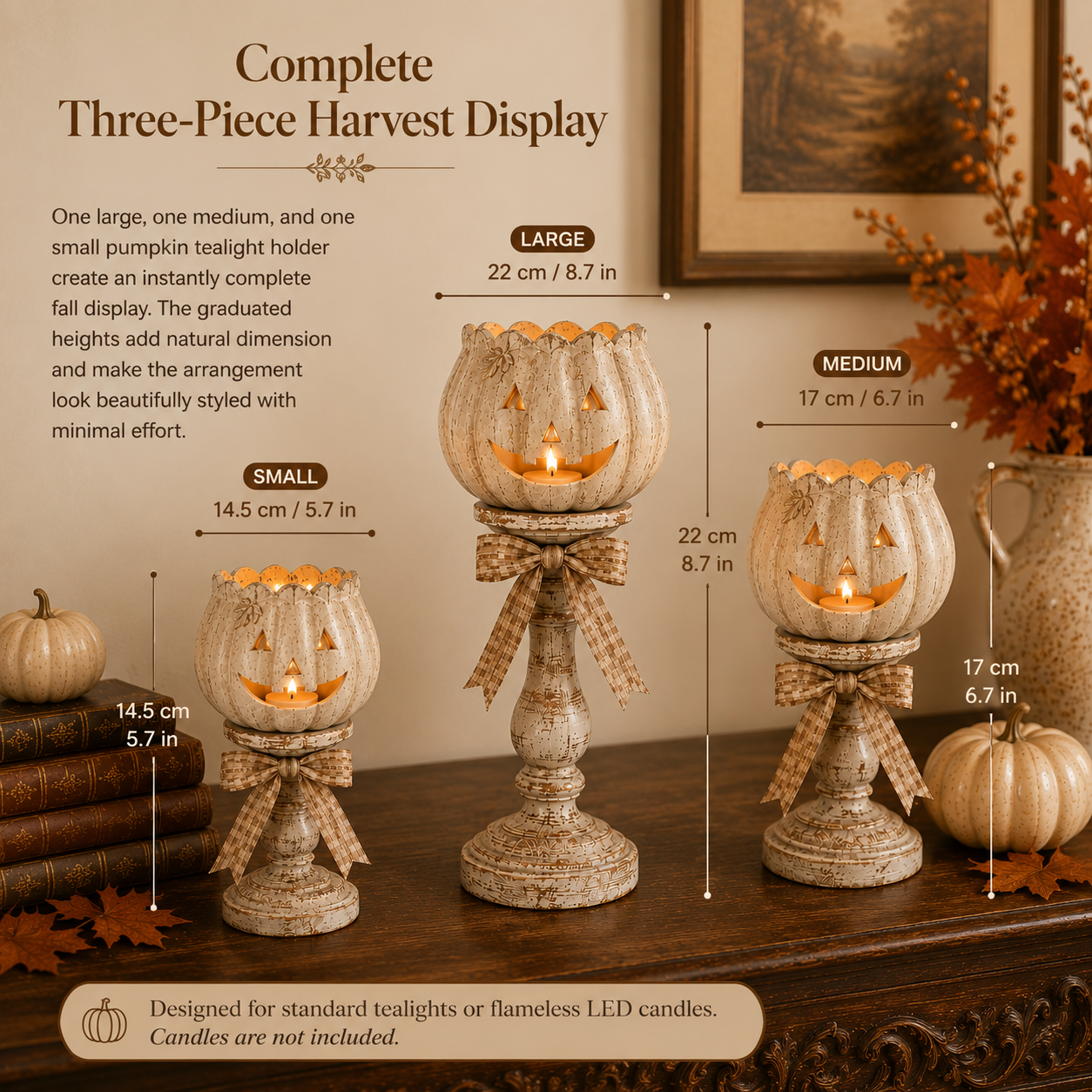 Harvest Glow White Pumpkin Tealight Holders – Set of 3
