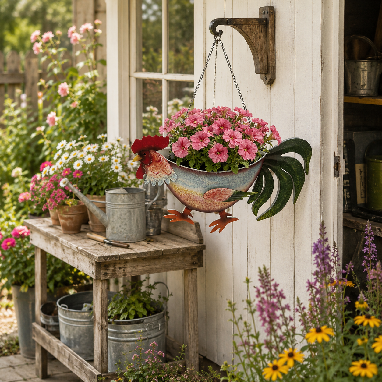 Rustic Rooster Hanging Planter, Farmhouse Chicken Flower Pot